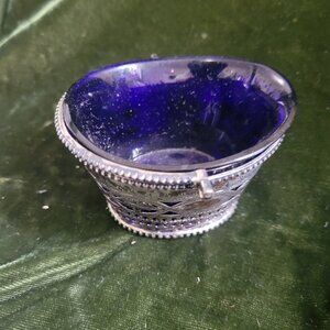 Vintage Cobalt Blue and Sterling Silver Holder Salt bowl or mustard Pot